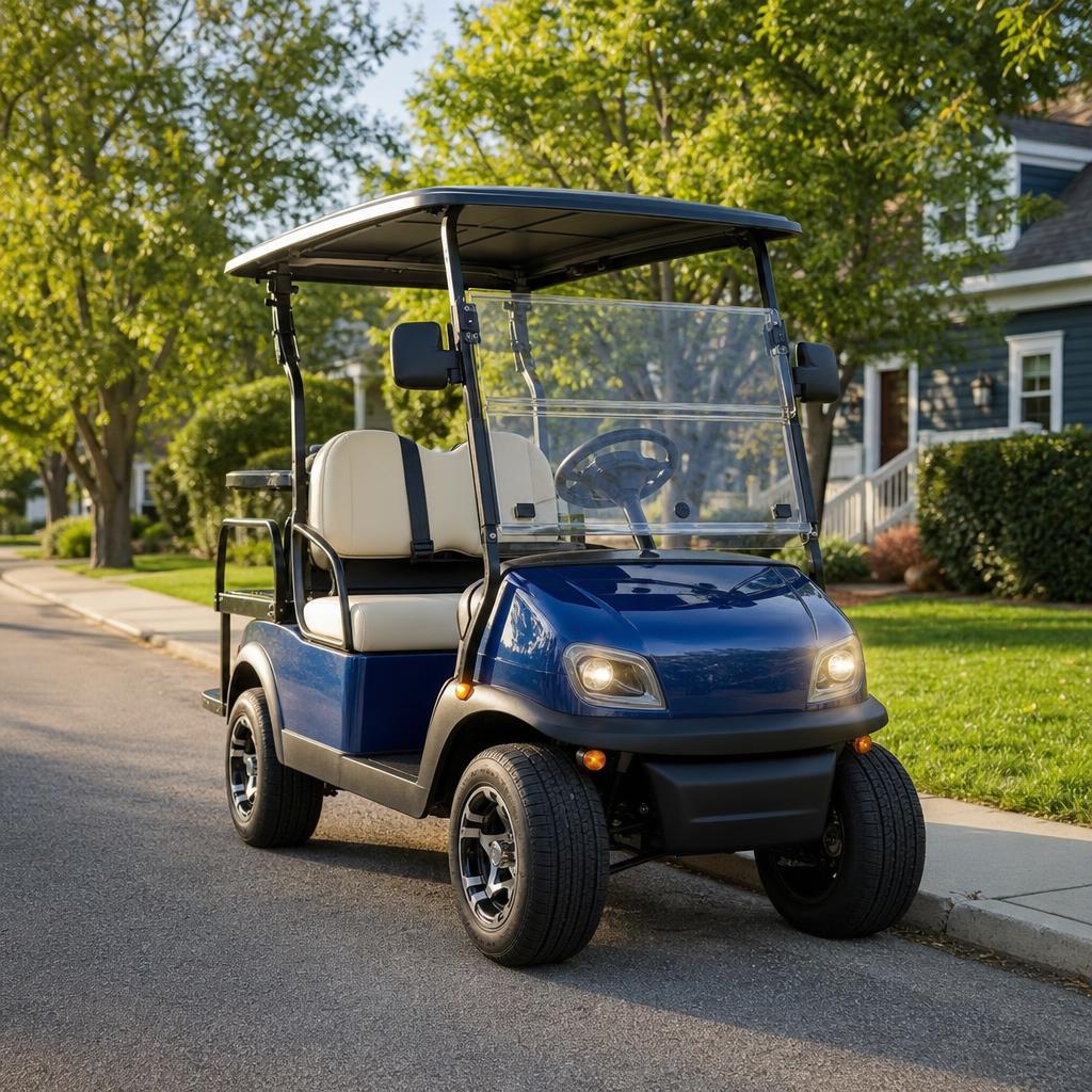 Road-equipped PTV and golf cart at a neighborhood intersection