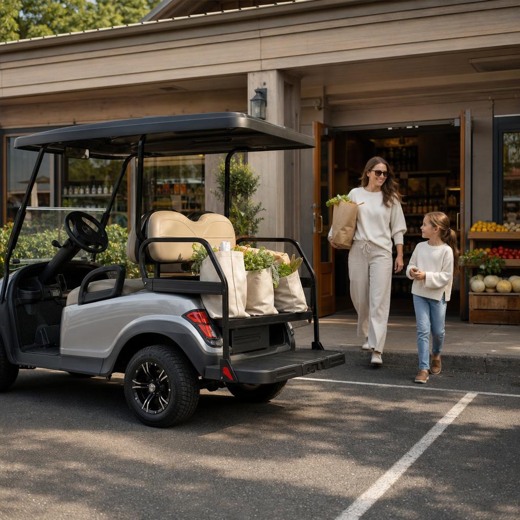 Four-passenger golf cart style PTV used for an everyday neighborhood trip