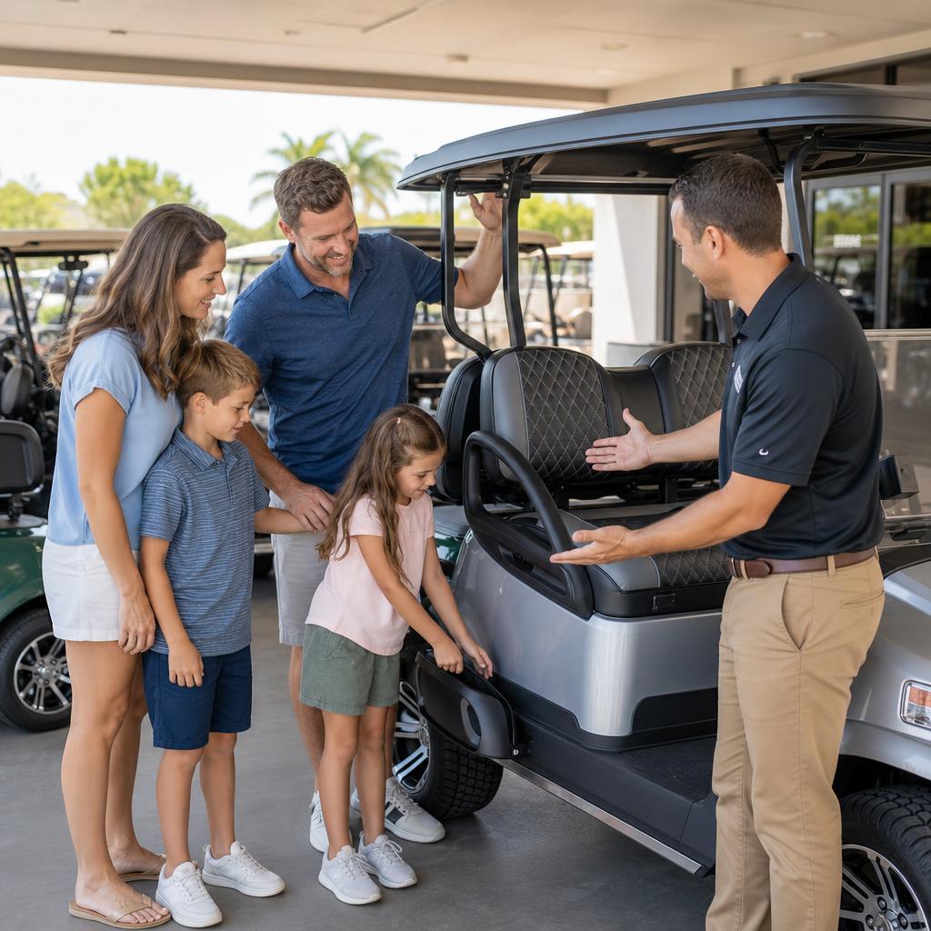 Buyer comparing a golf cart style PTV at a local dealership