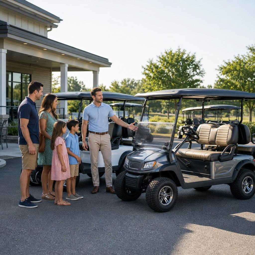 Electric PTV parked beside a neighborhood street, with golf cart styling