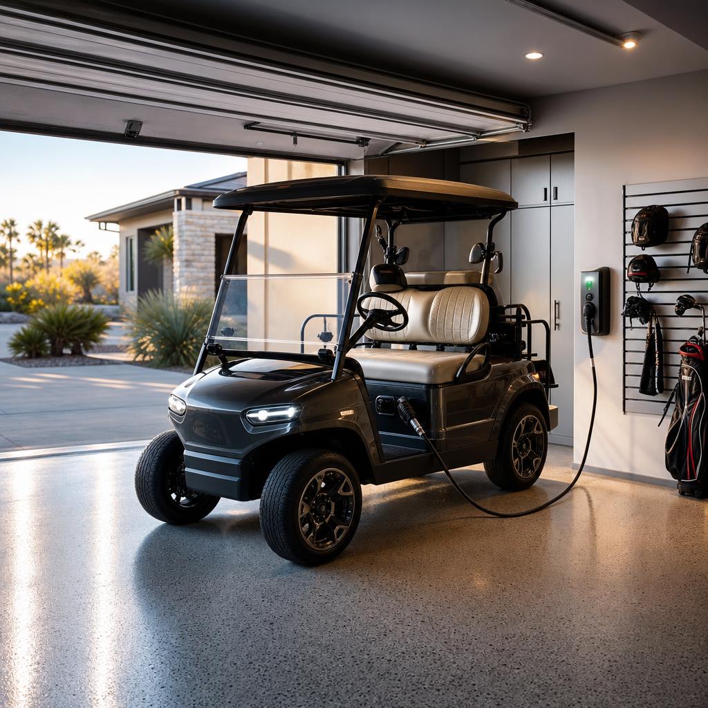 Electric PTV charging beside a golf cart style neighborhood vehicle