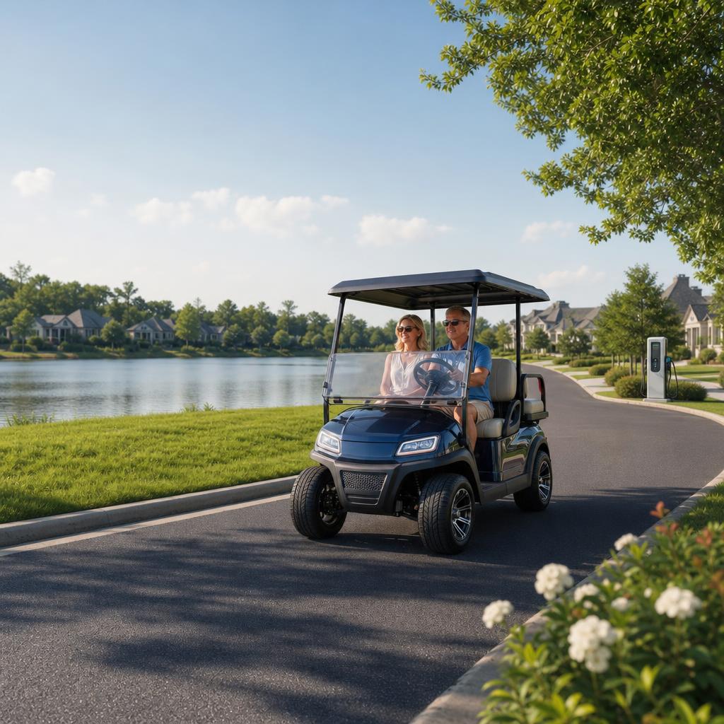 Electric golf cart style PTV traveling on a varied local route