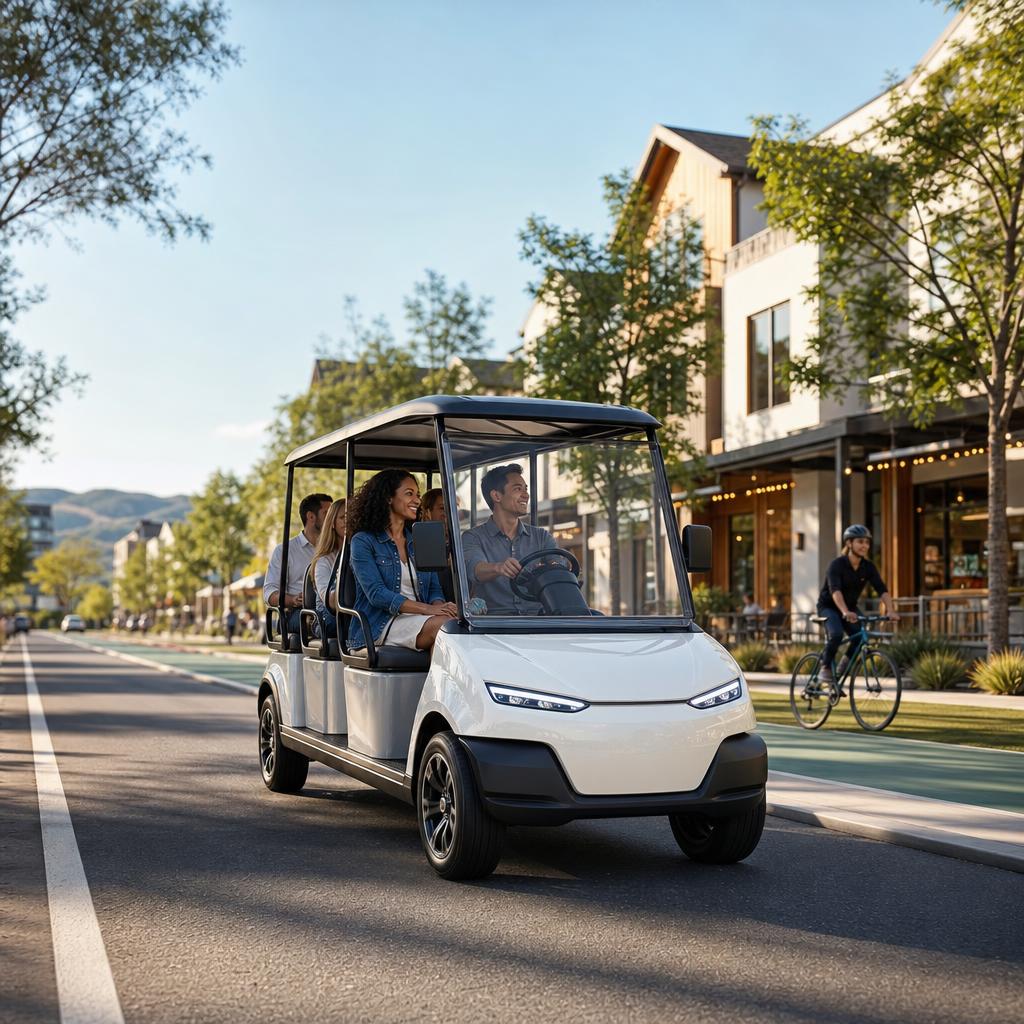 Electric PTV sharing a local street with a golf cart style vehicle future
