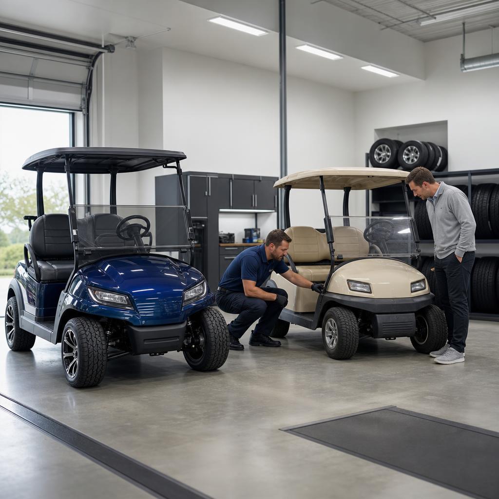New and used golf cart style PTVs compared at a dealership