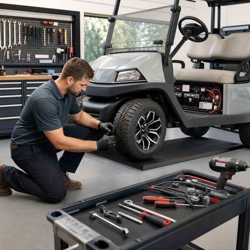 Technician maintaining an electric golf cart style PTV