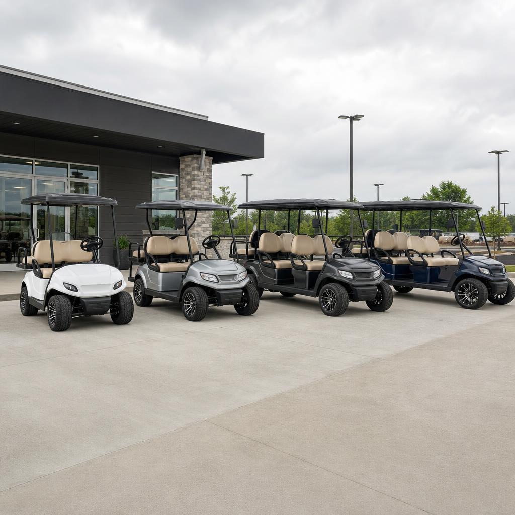 Lineup of two-, four-, six-, and eight-passenger golf cart style PTVs