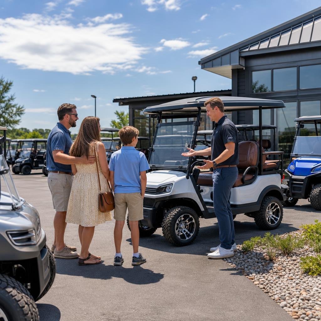 Local dealer helping a buyer inspect a golf cart style PTV