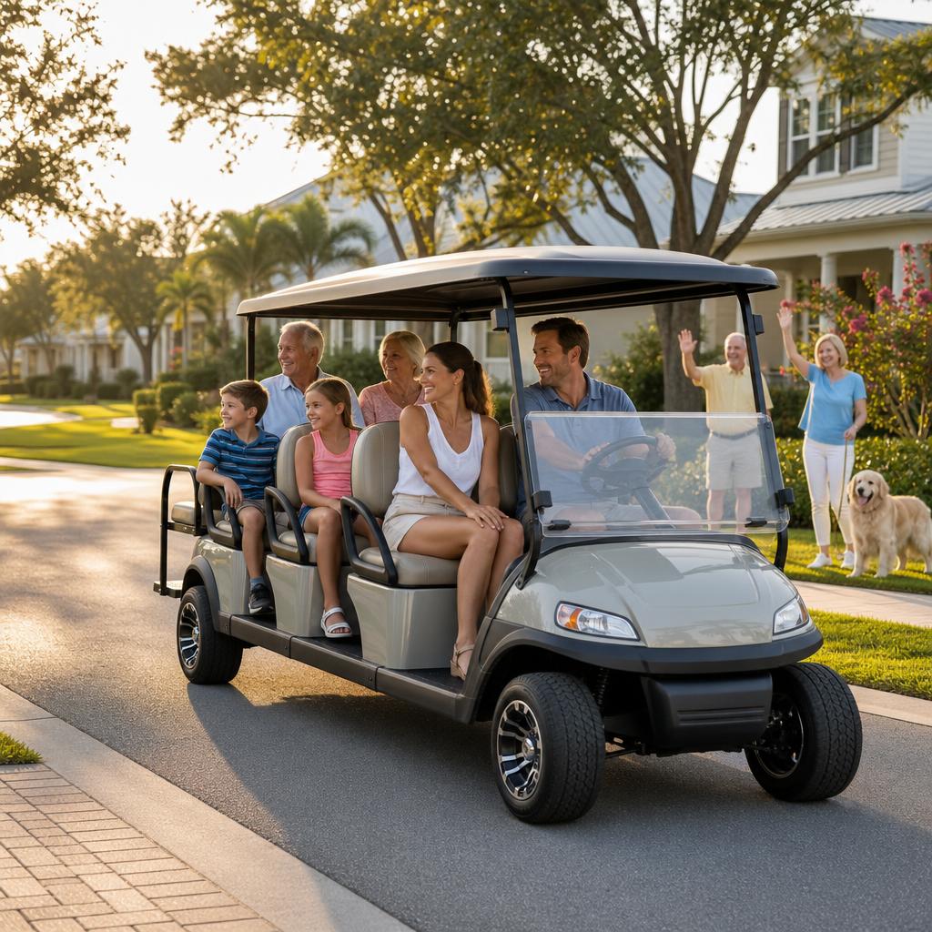 Four-passenger golf cart style PTV traveling through a neighborhood community