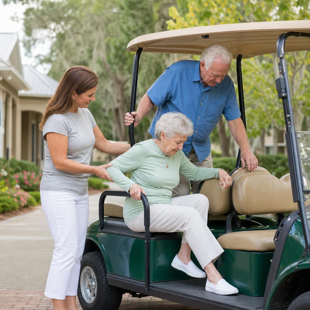 Accessible golf cart style PTV helping an older adult travel locally