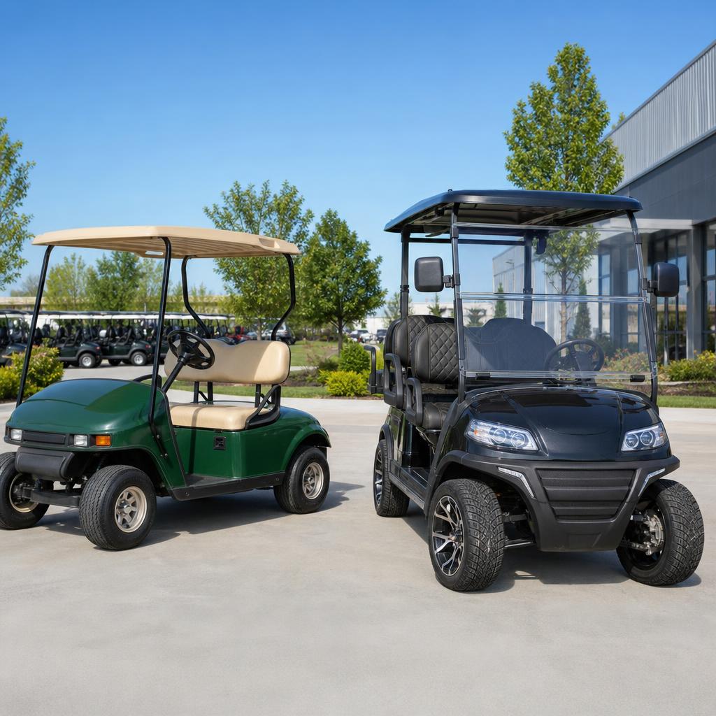 Golf cart beside a road-equipped PTV for a clear vehicle comparison