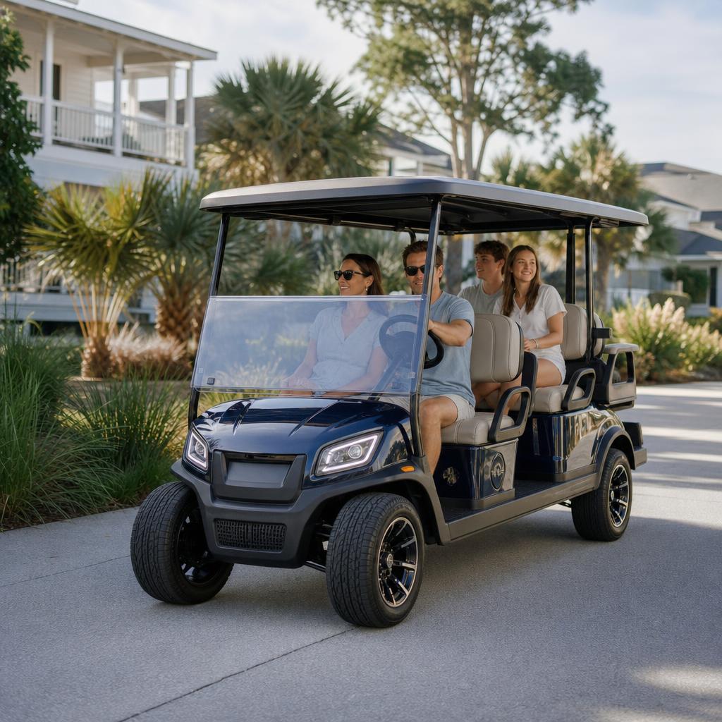 Electric PTV and golf cart style vehicle explained in a residential setting